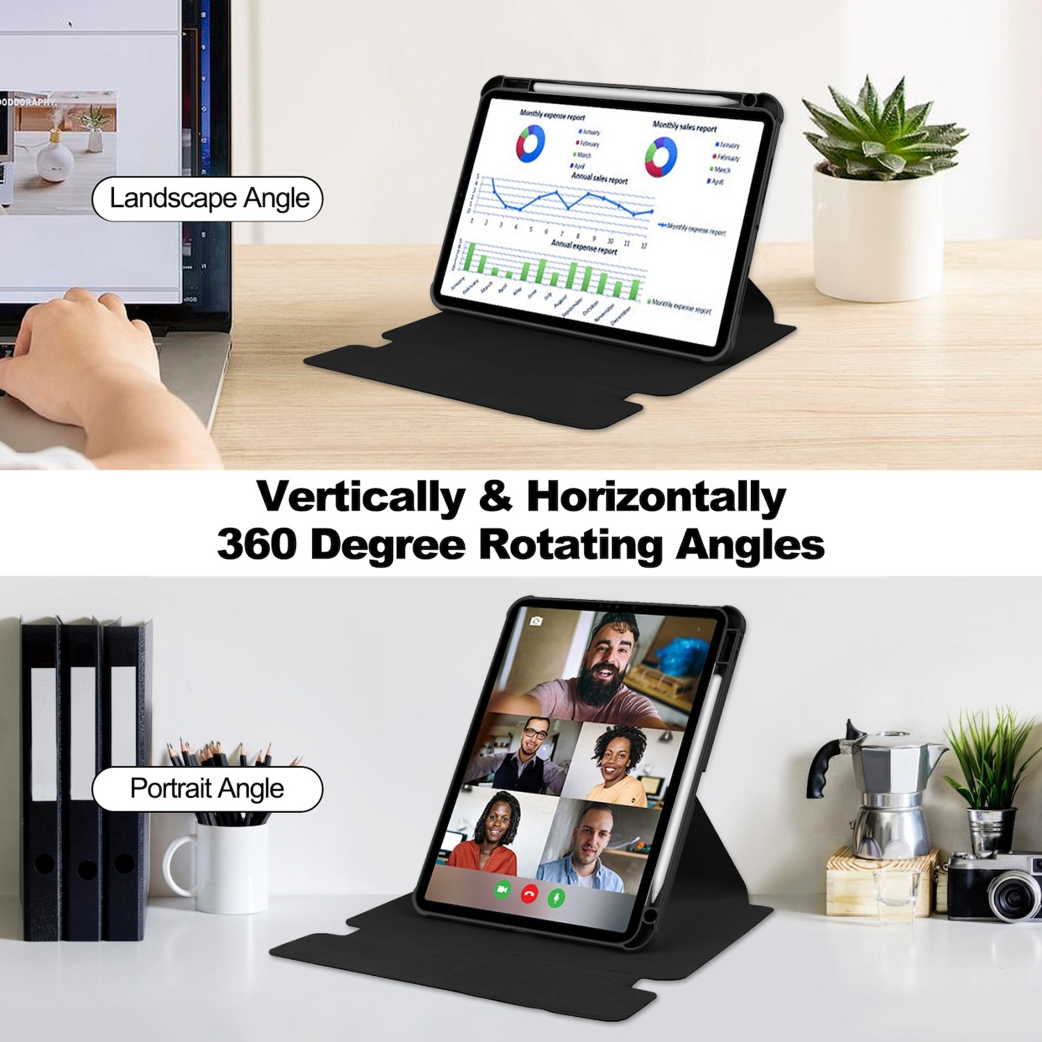 Tableta en una funda, negra, en ángulos horizontal y vertical. Gráficos y videollamada.