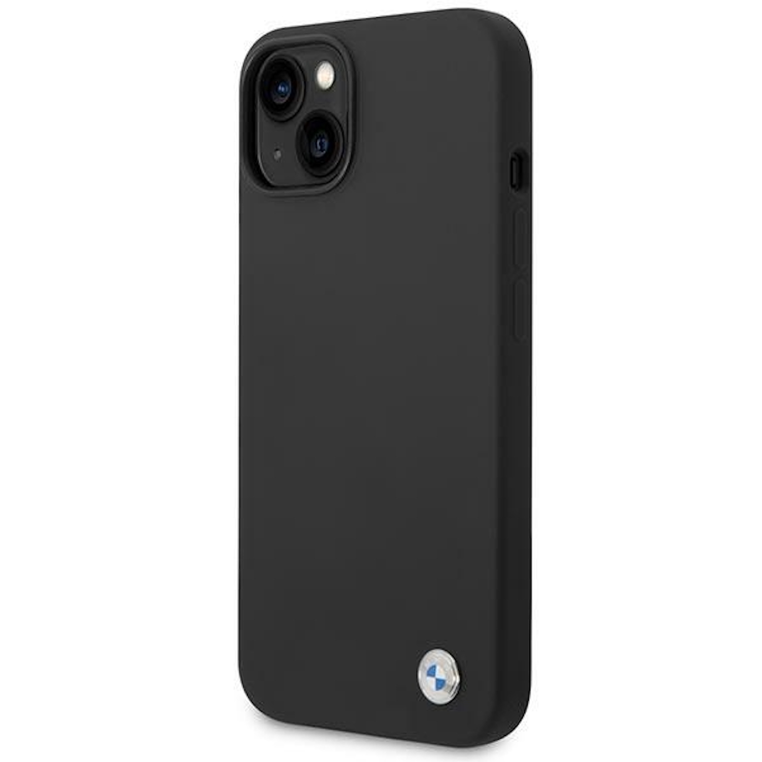Custodia per telefono nera con fori per fotocamera posteriore, logo BMW e pulsanti laterali. Semplice e solida.