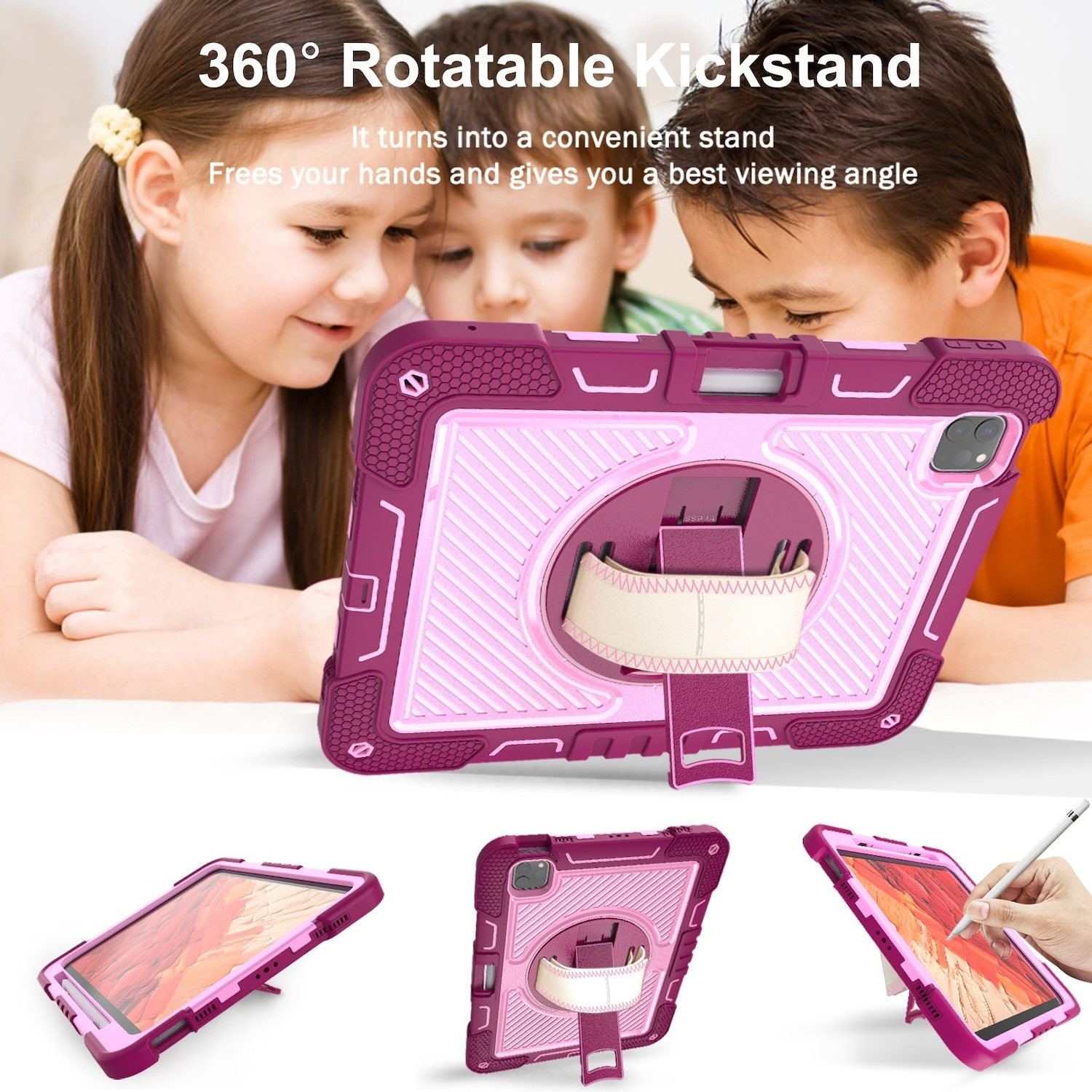 Kinder benutzen ein Tablet mit einer rosa Schutzhülle mit Ständer. Zeigt einen praktischen und drehbaren Ständer.
