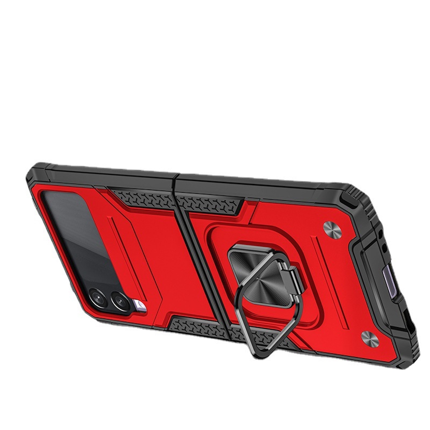 Funda de teléfono roja y negra con anillo. El fondo es blanco.
