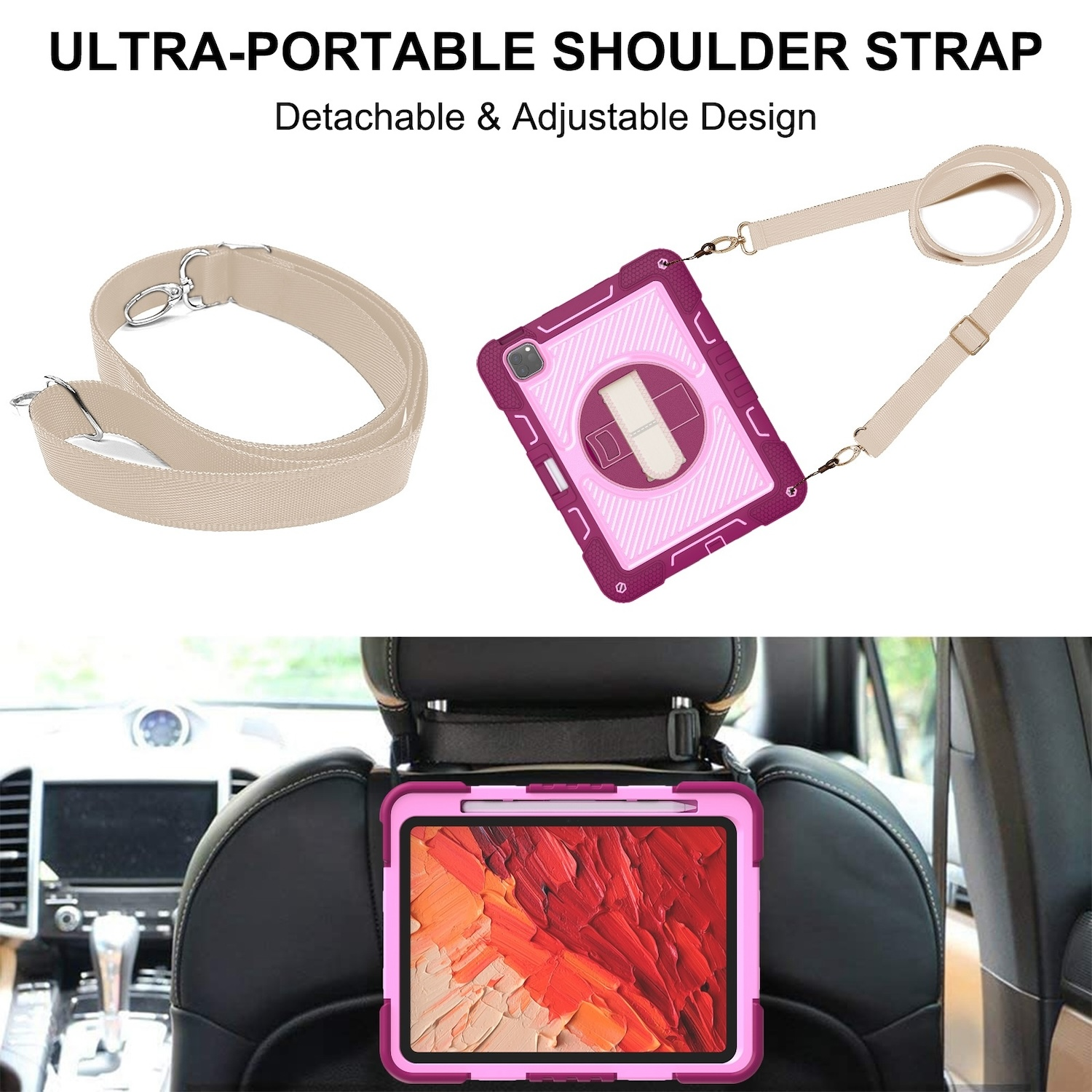 Tablet-Hülle mit Schultergurt. Pinke Hülle an der Kopfstütze im Auto. Beige Gurt und Hülle separat gezeigt.