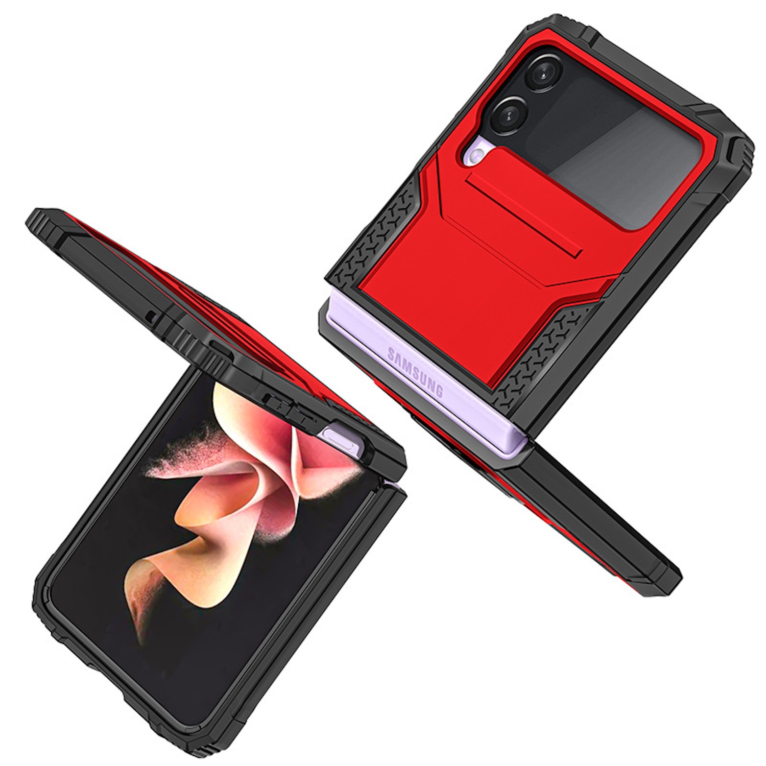 Se muestra una funda roja y negra para un teléfono plegable, con el teléfono abierto.