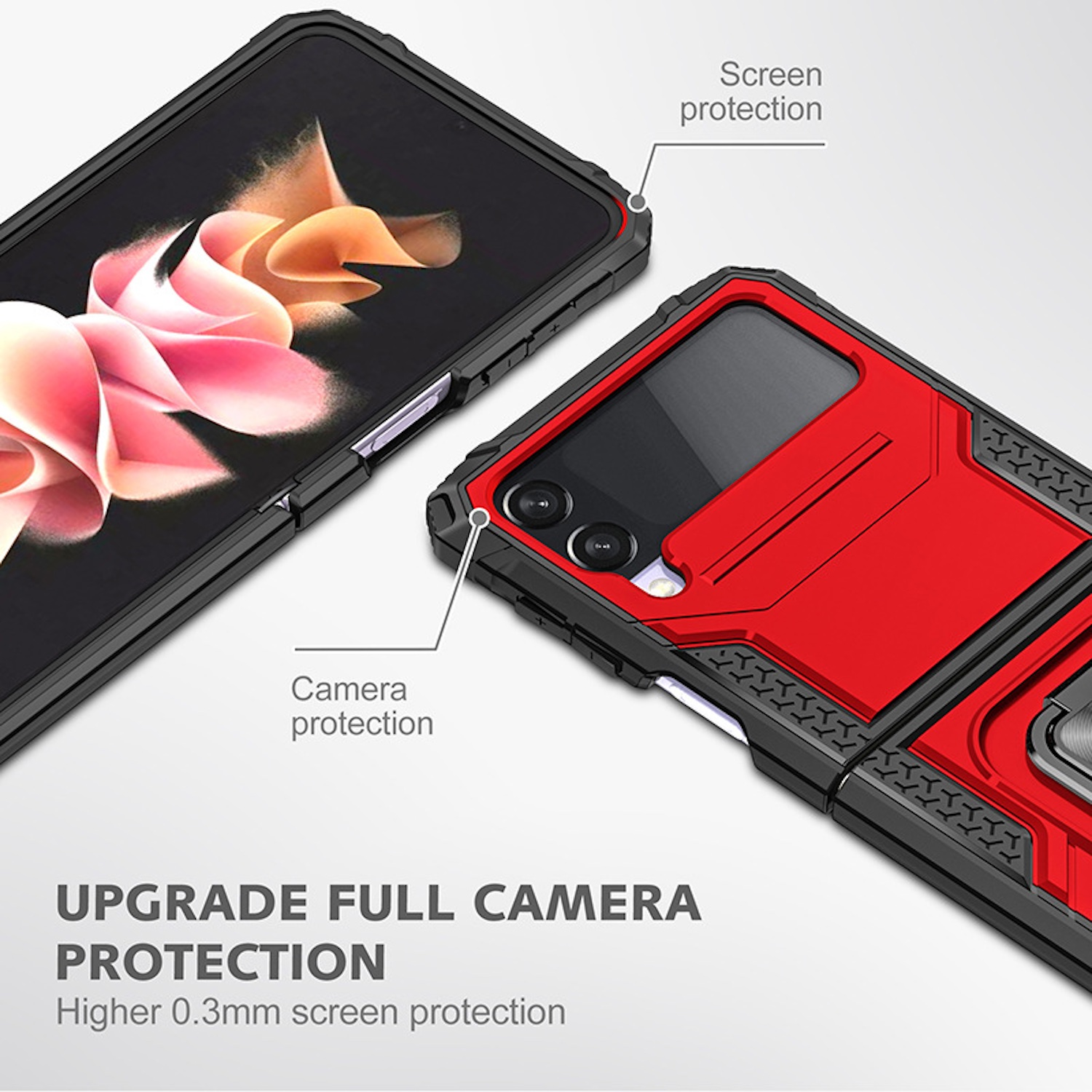 Funda de teléfono con protección roja para cámara y pantalla. Teléfono abierto, mostrando la pantalla.