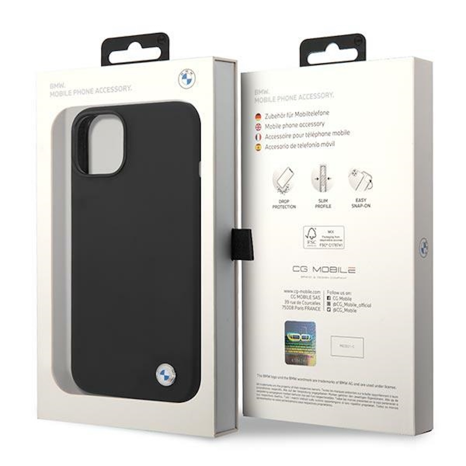 Custodia nera per telefono in una scatola bianca. La scatola presenta il marchio BMW e immagini. La custodia è visibile all'interno.