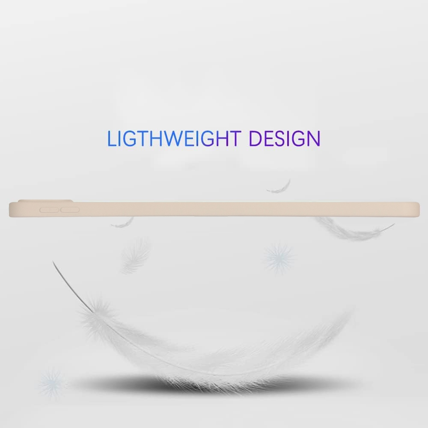 Eine beige Handyhülle mit den Worten 'LIGHTWEIGHT DESIGN' oben und Federgrafiken.