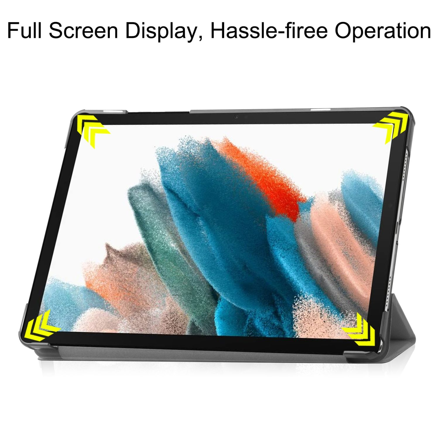 Tablet-Bildschirm mit lebendigem Bild. Gelbe Pfeile in Ecken. Schwarzer Rahmen. Text: Full Screen Display.