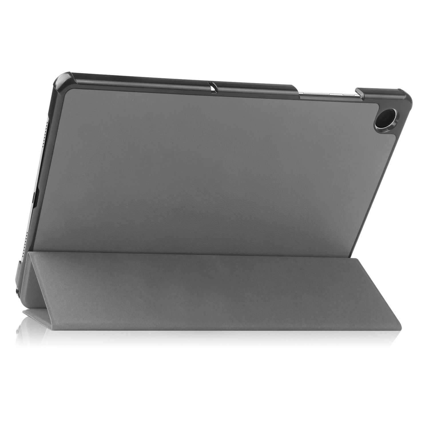 Graue Tablettasche, geöffnet mit Ständer, zeigt ein Tablet im Inneren.