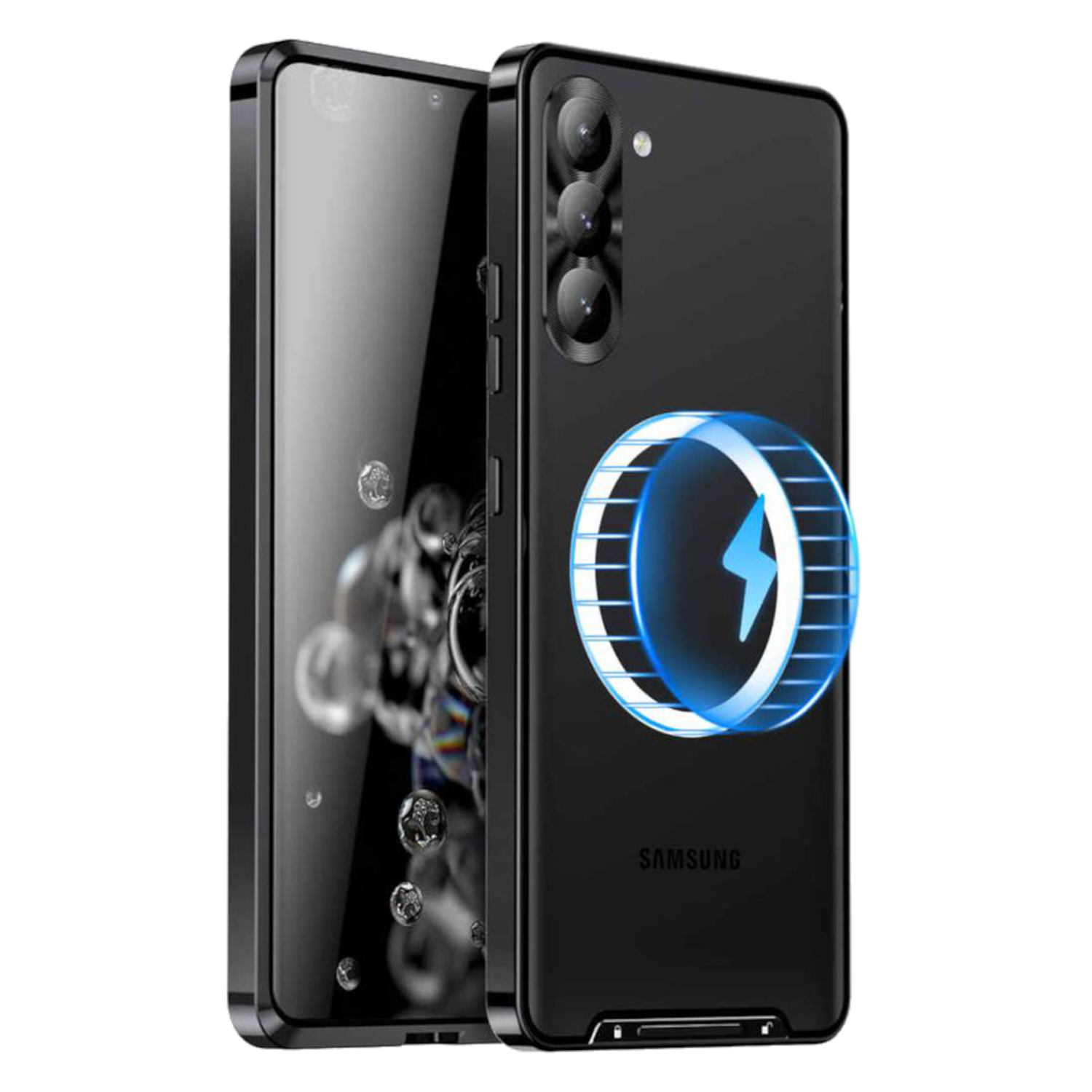 Schwarze Handyhülle mit leuchtender blauer Ladeanzeige. Das Telefon ist sichtbar.