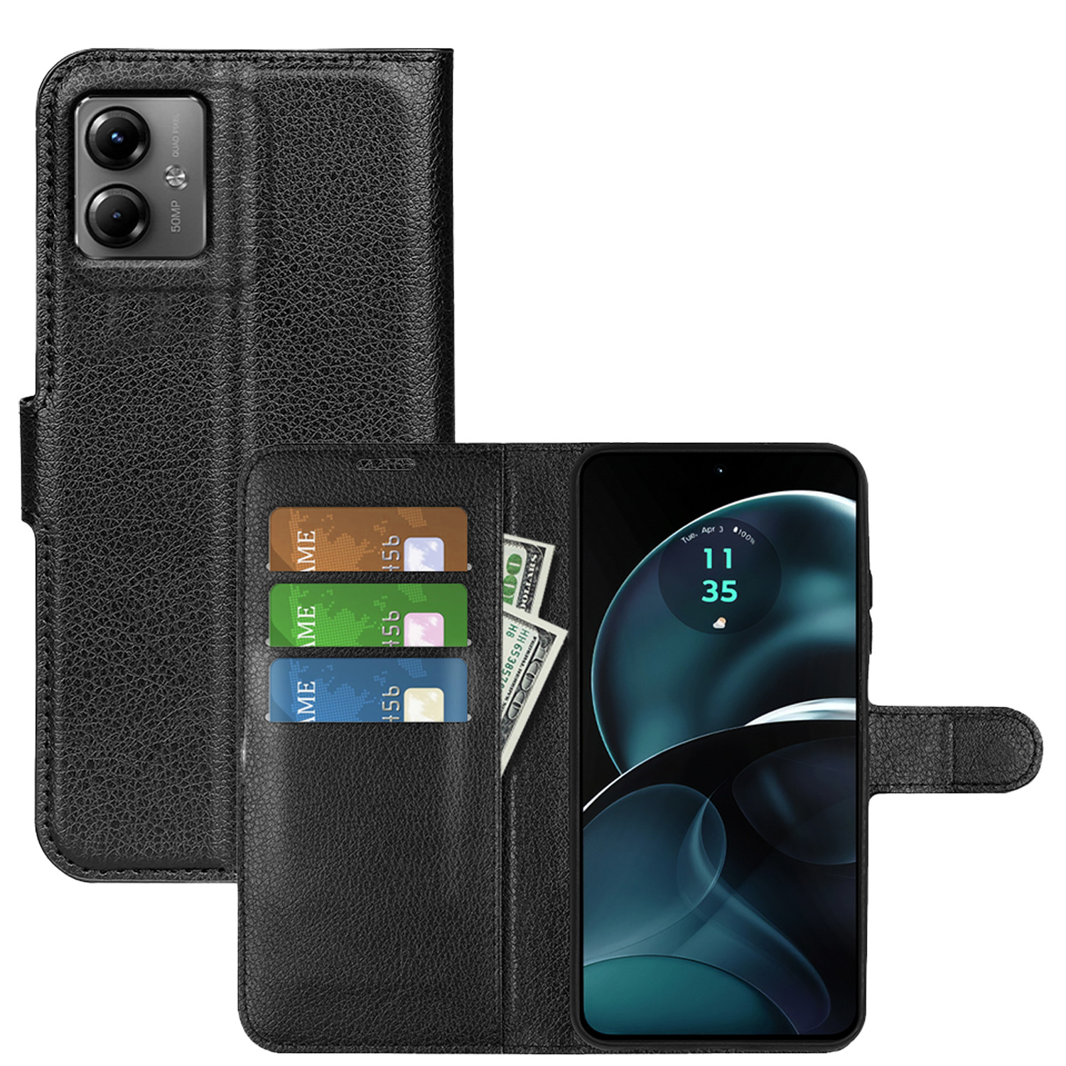 Funda de cuero negro con tarjetas y efectivo dentro. El teléfono está abierto.