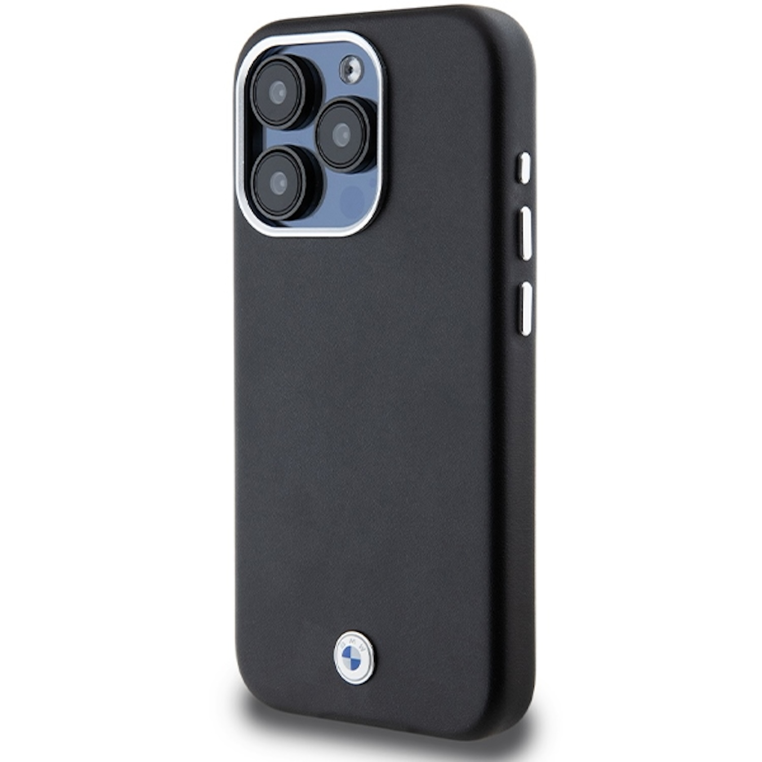 Custodia per telefono nera con logo BMW argentato e ritaglio per la fotocamera.