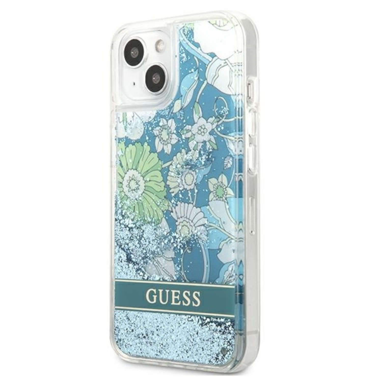 Handyhülle mit Blumendesign, blauem Glitzer und GUESS-Logo. Das Telefon ist in einer transparenten Hülle.