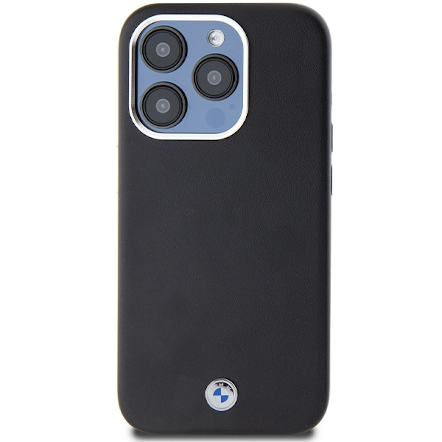 Custodia per telefono nera con logo BMW e tripla fotocamera. Sfondo nero.