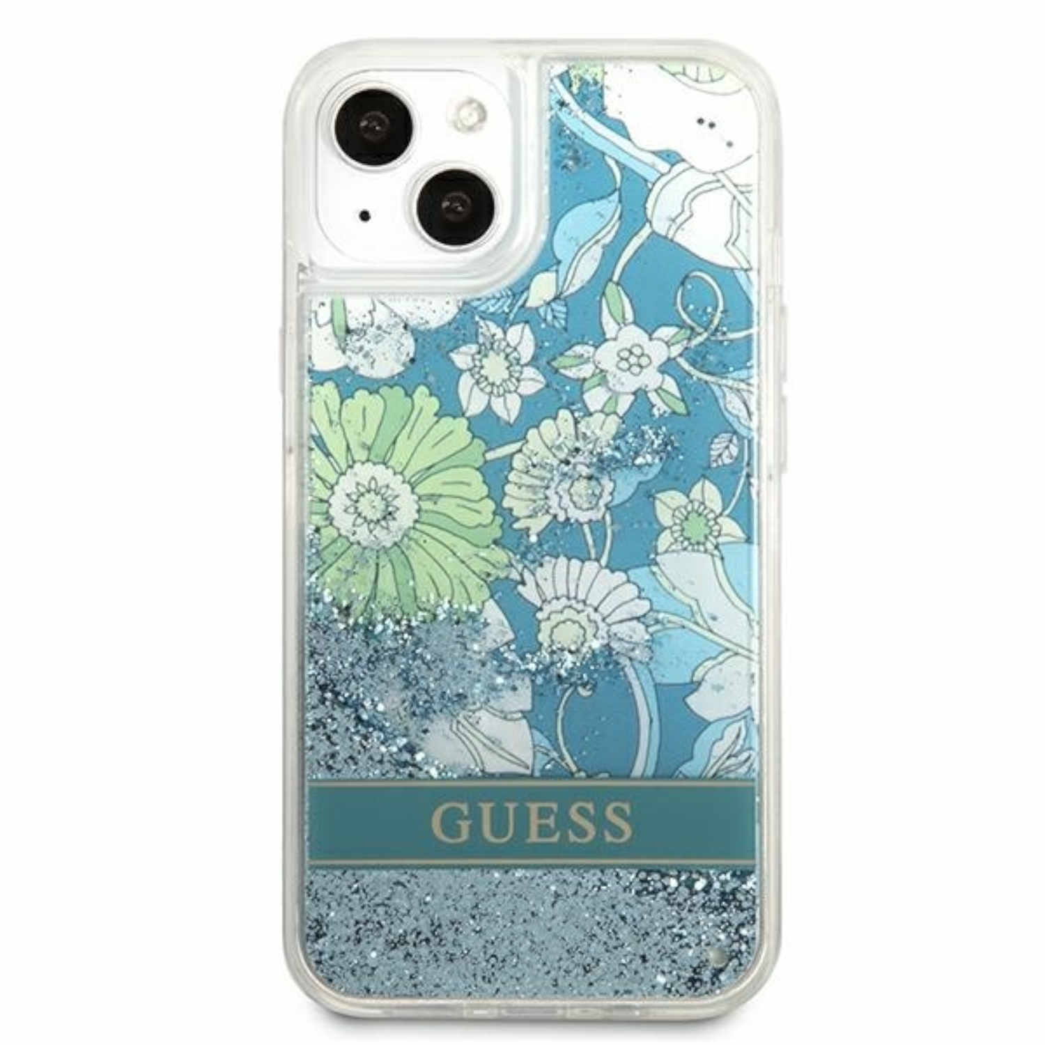 Handyhülle mit Blumen und Glitzer. Blauer Hintergrund, ein Guess-Logo. Die Hülle ist transparent mit Blumendesign.