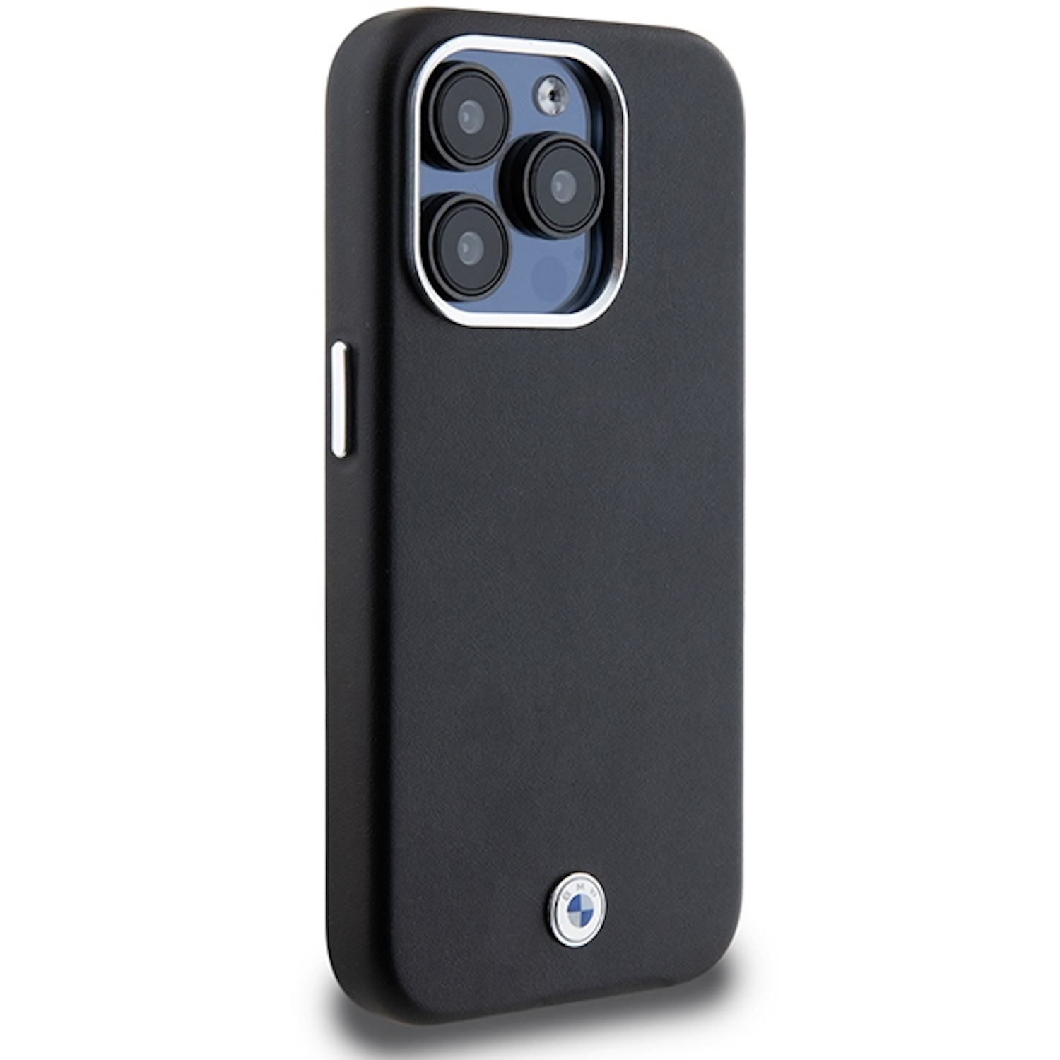 Custodia nera con logo BMW e tripla fotocamera. Sfondo bianco.
