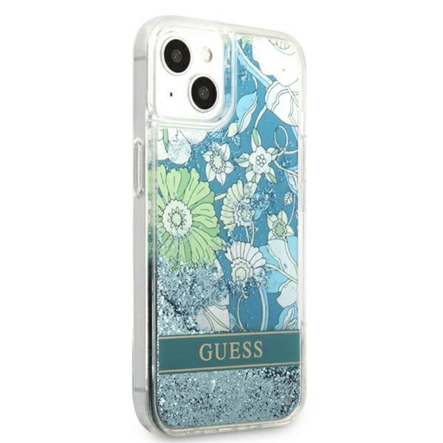Transparente Handyhülle mit Blumendesign und Glitzer, mit dem Wort "GUESS" unten.