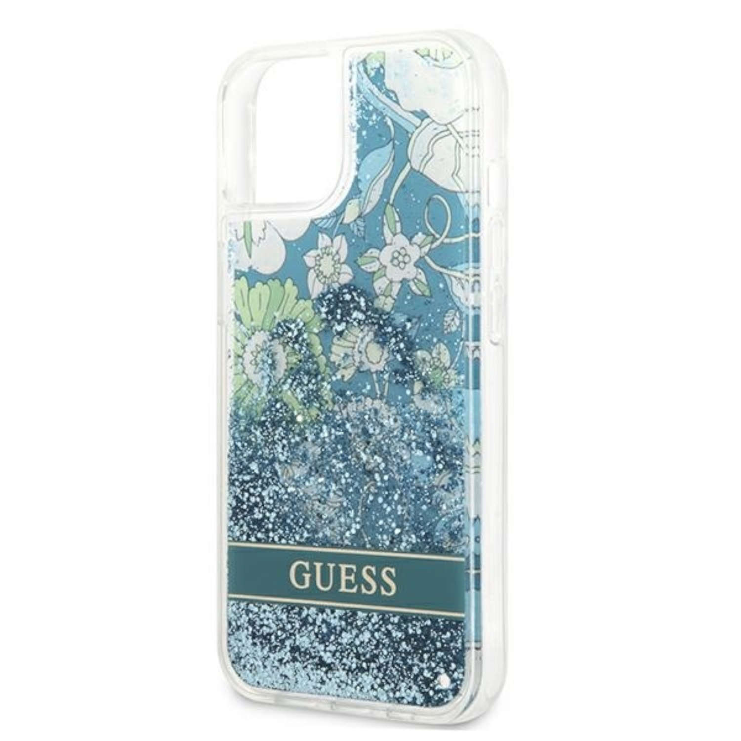 Transparente Handyhülle mit blauem Glitzer und Guess-Logo. Innen blaues Blumenmuster. Die Hülle ist auf Weiß.