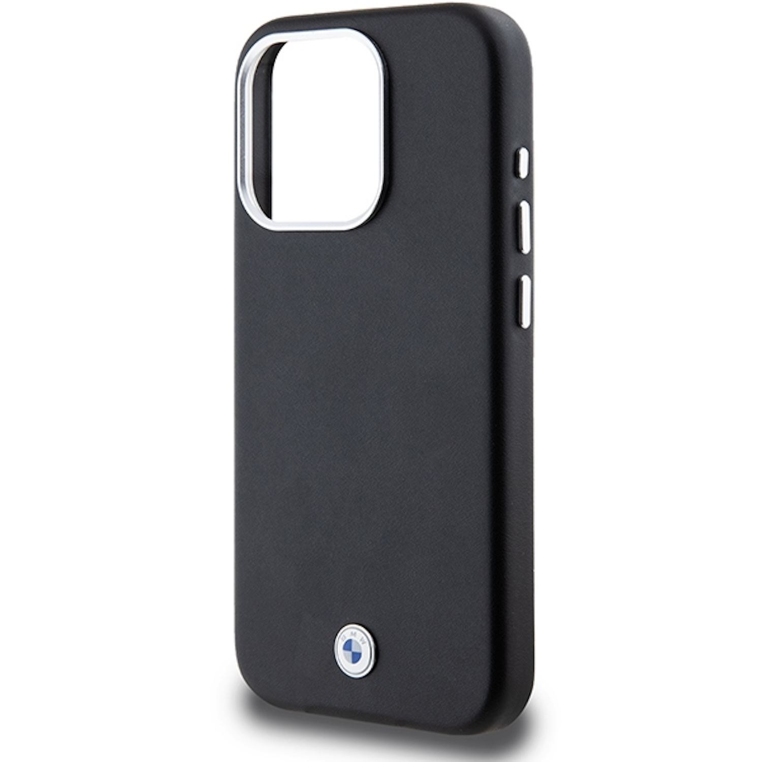 Custodia per telefono nera con anello fotocamera argentato e logo BMW. Ritagli per fotocamera e pulsanti visibili.