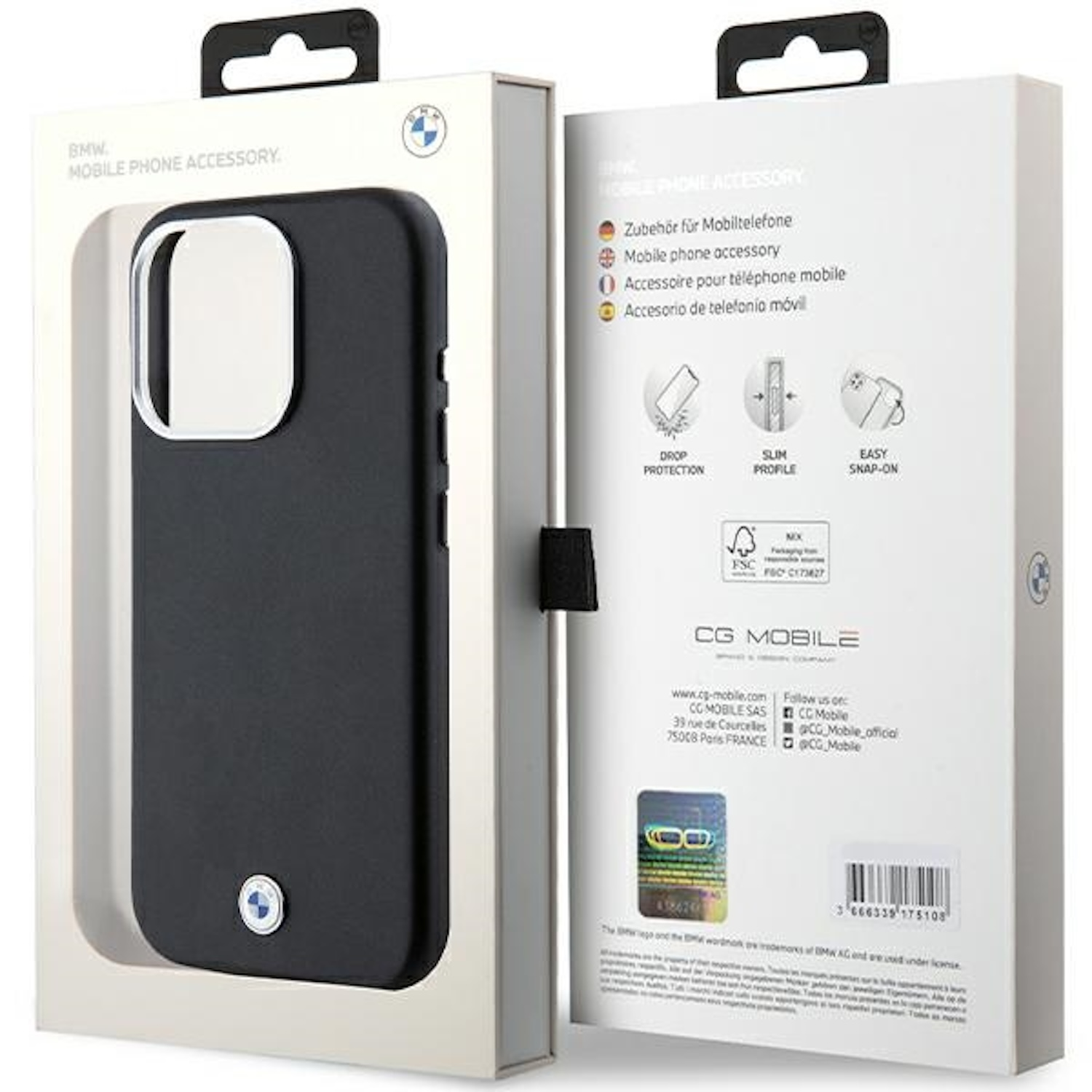 Custodia per telefono nera in una scatola. Logo BMW in basso. Testo sulla scatola: BMW, Mobile Phone Accessory.