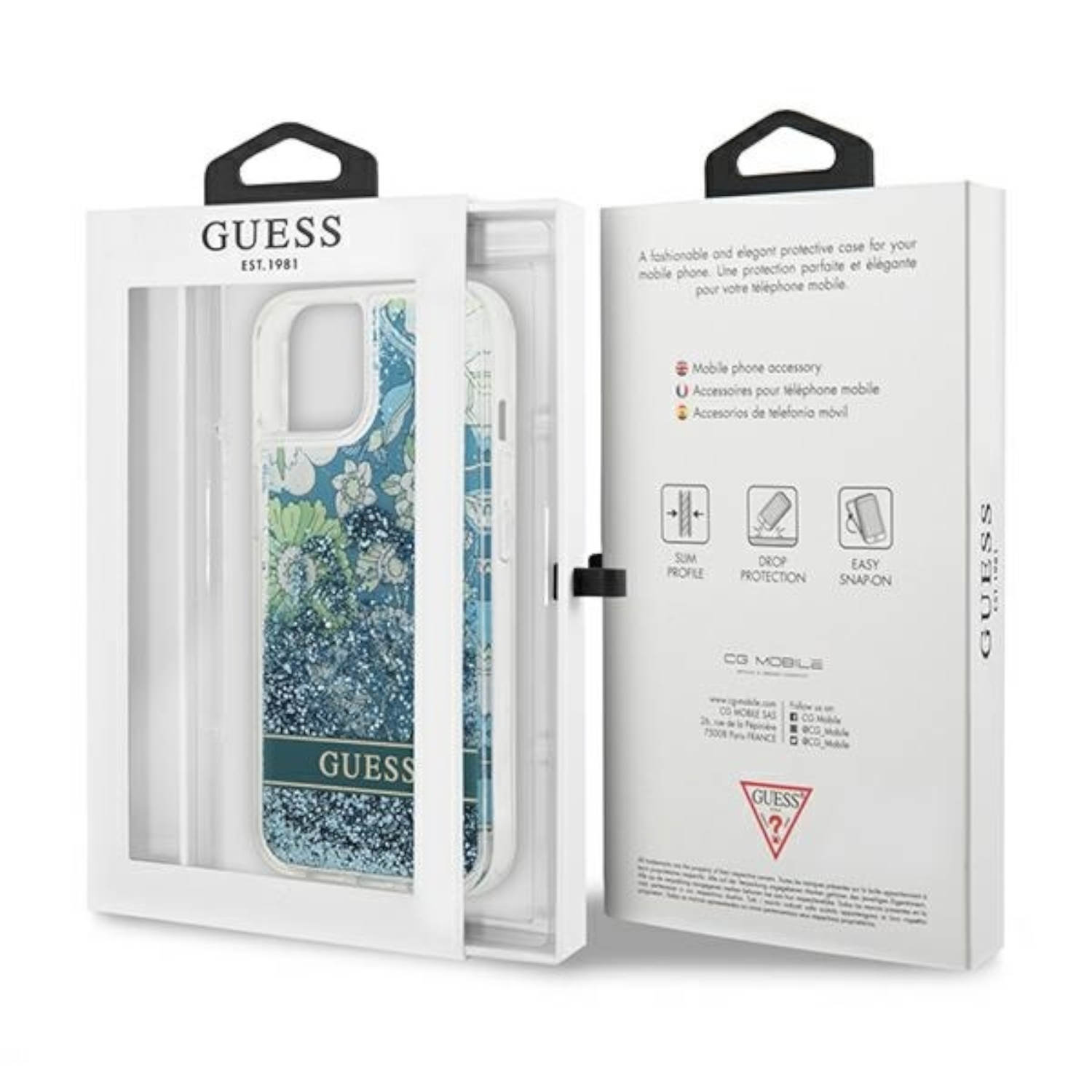 Transparente Handyhülle mit Blumendesign in einer weißen Box mit GUESS-Logo.