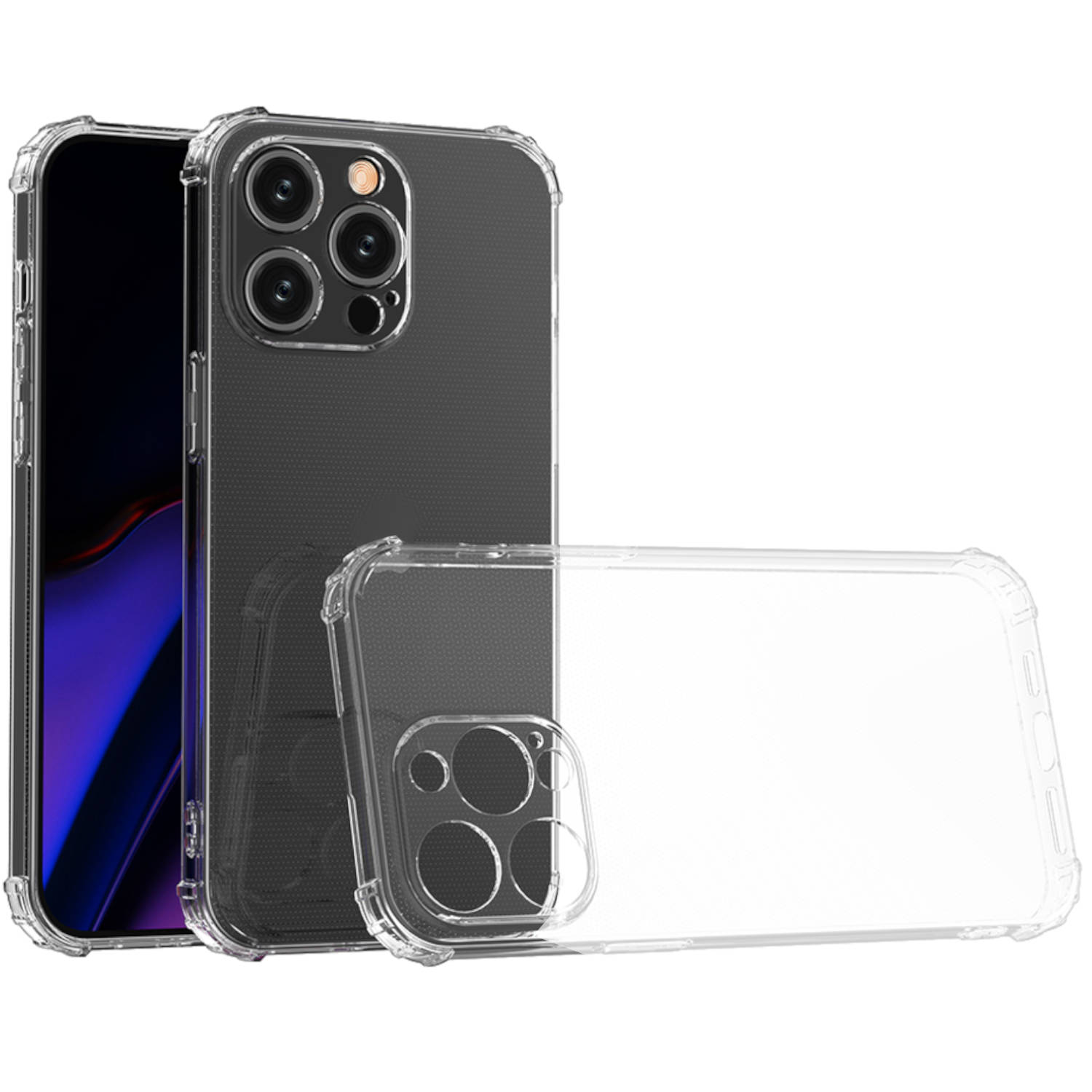 Transparente Handyhüllen, die das Telefon und seine Kameras zeigen. Zwei Hüllen, eine auf dem Telefon.