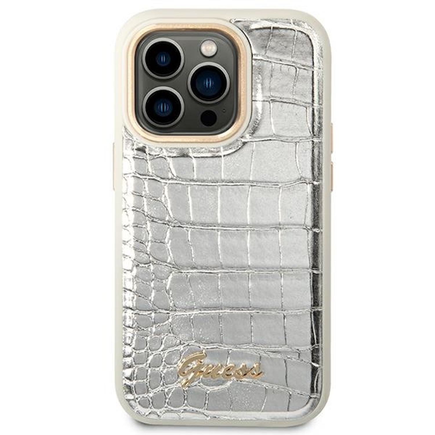 Custodia per telefono argento con texture coccodrillo, anello fotocamera oro e logo Guess.