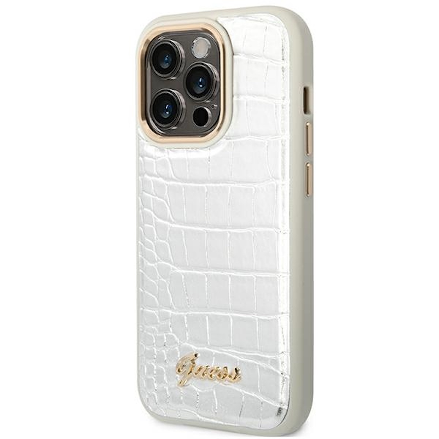 Una custodia bianca per telefono con texture a pelle di coccodrillo, anello fotocamera dorato e logo Guess è mostrata.