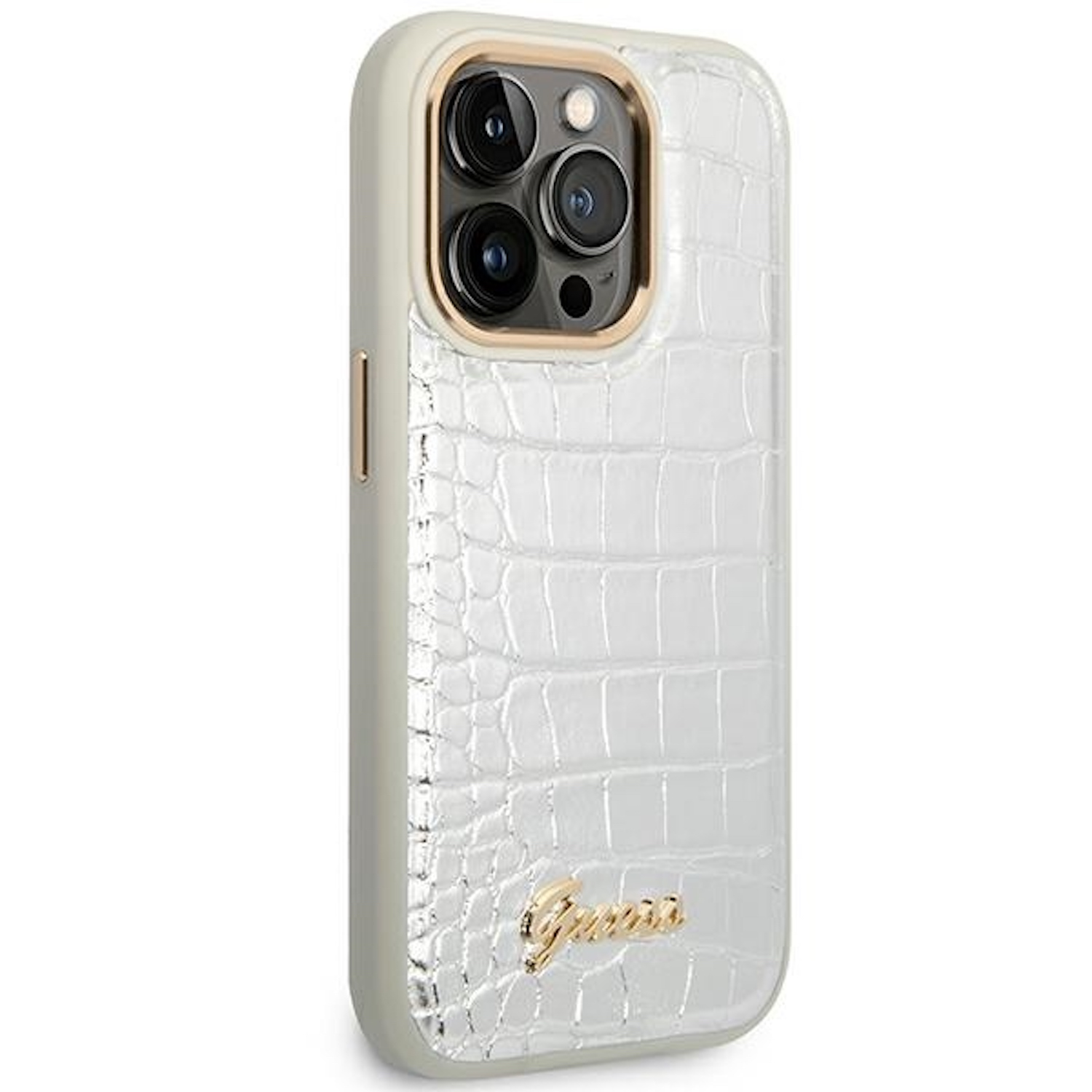 Custodia per telefono bianca con texture coccodrillo, anello fotocamera oro e logo Guess.