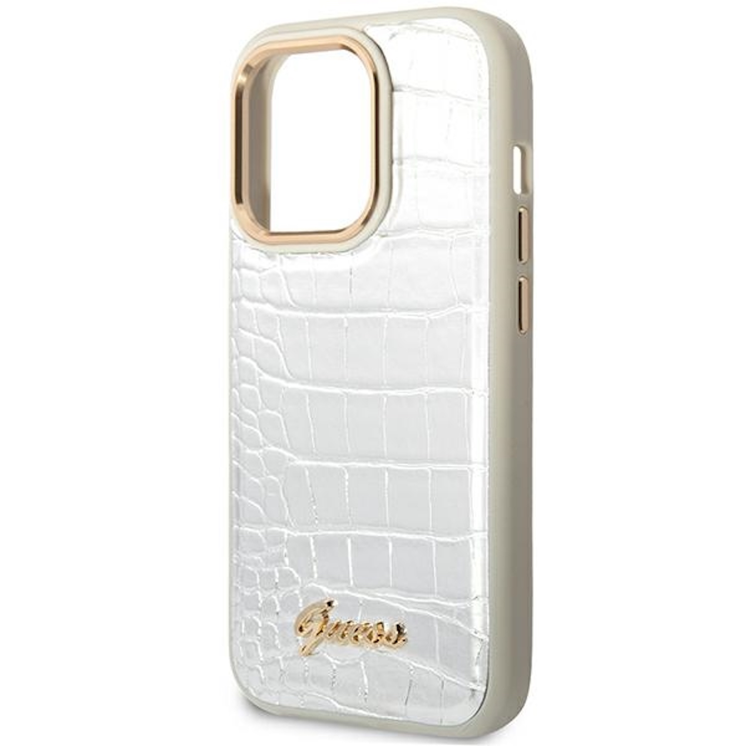 Custodia per telefono bianca con texture coccodrillo, anello fotocamera oro e logo Guess.