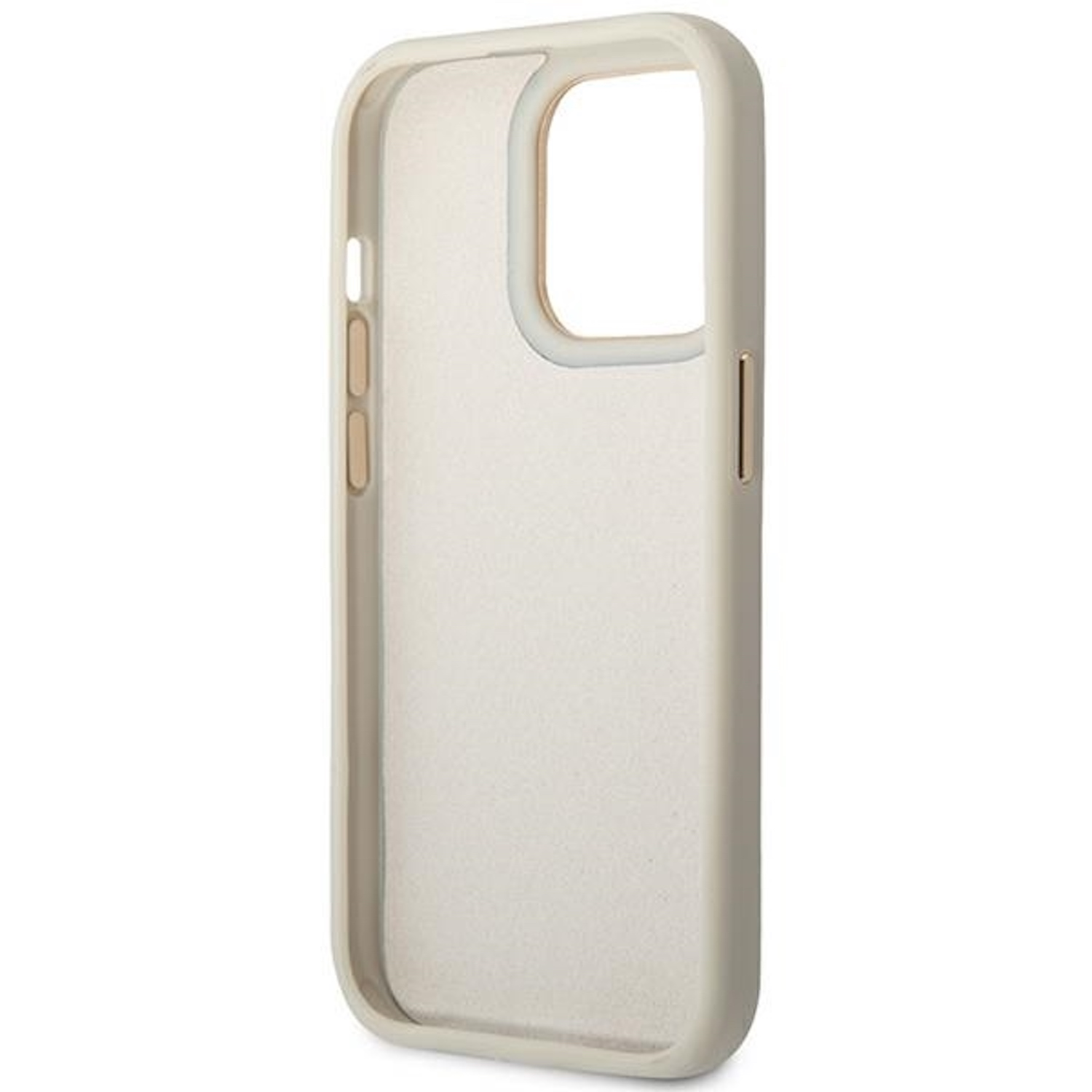 Una custodia per telefono di colore chiaro con un ritaglio per la fotocamera è mostrata su sfondo bianco.