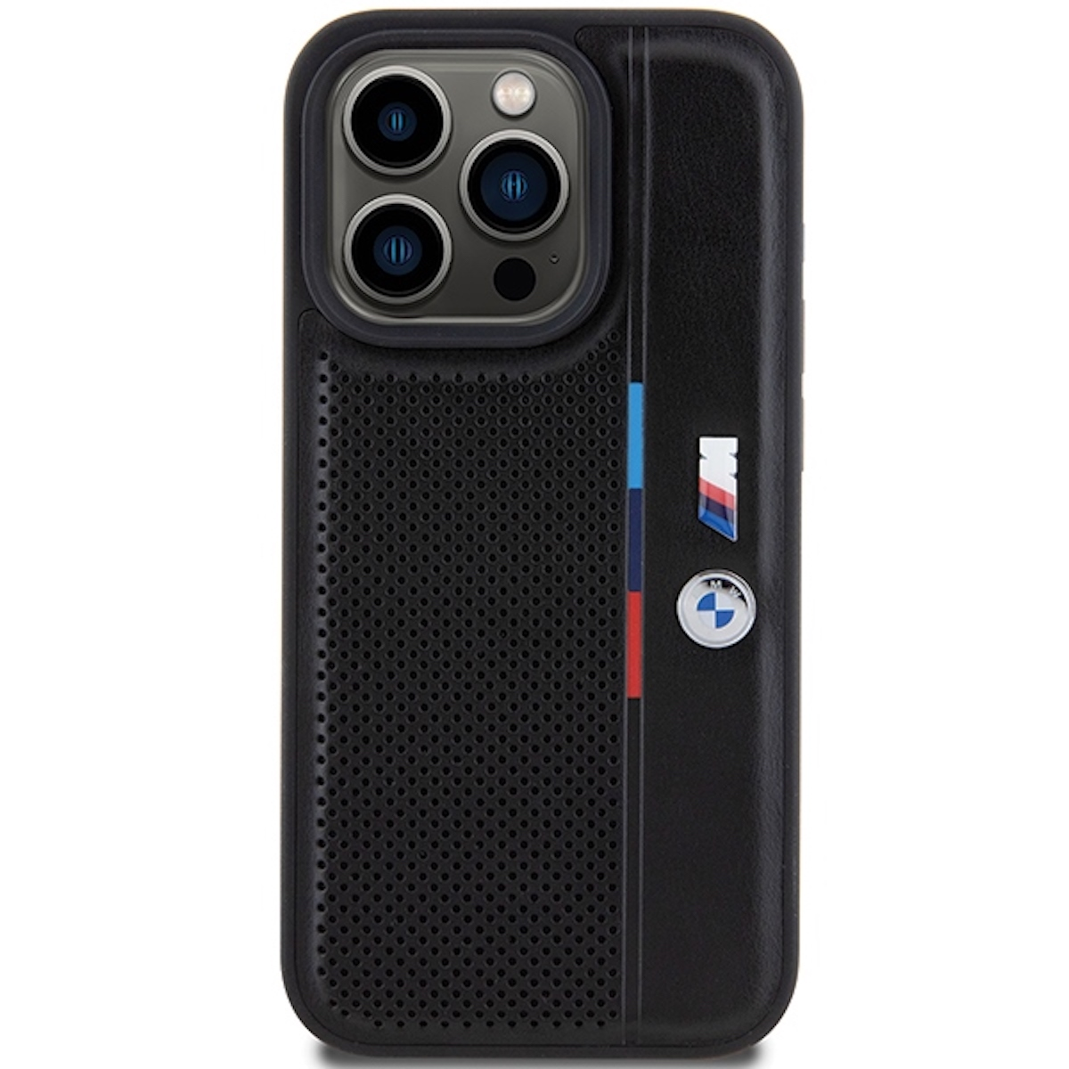 Custodia nera con logo BMW e le strisce M. Area perforata sul retro.
