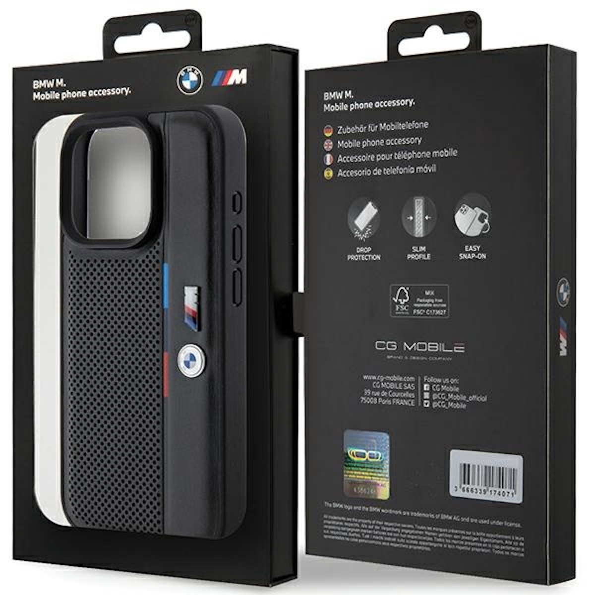 Due scatole di accessori per telefoni BMW, una con un design a rete e l'altra con una custodia.