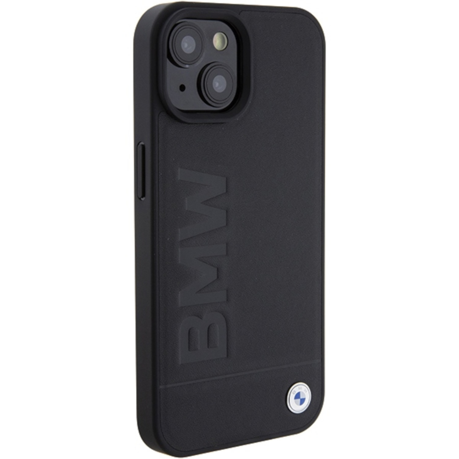 Custodia per telefono BMW nera. Il logo BMW è stampato sul retro della custodia.