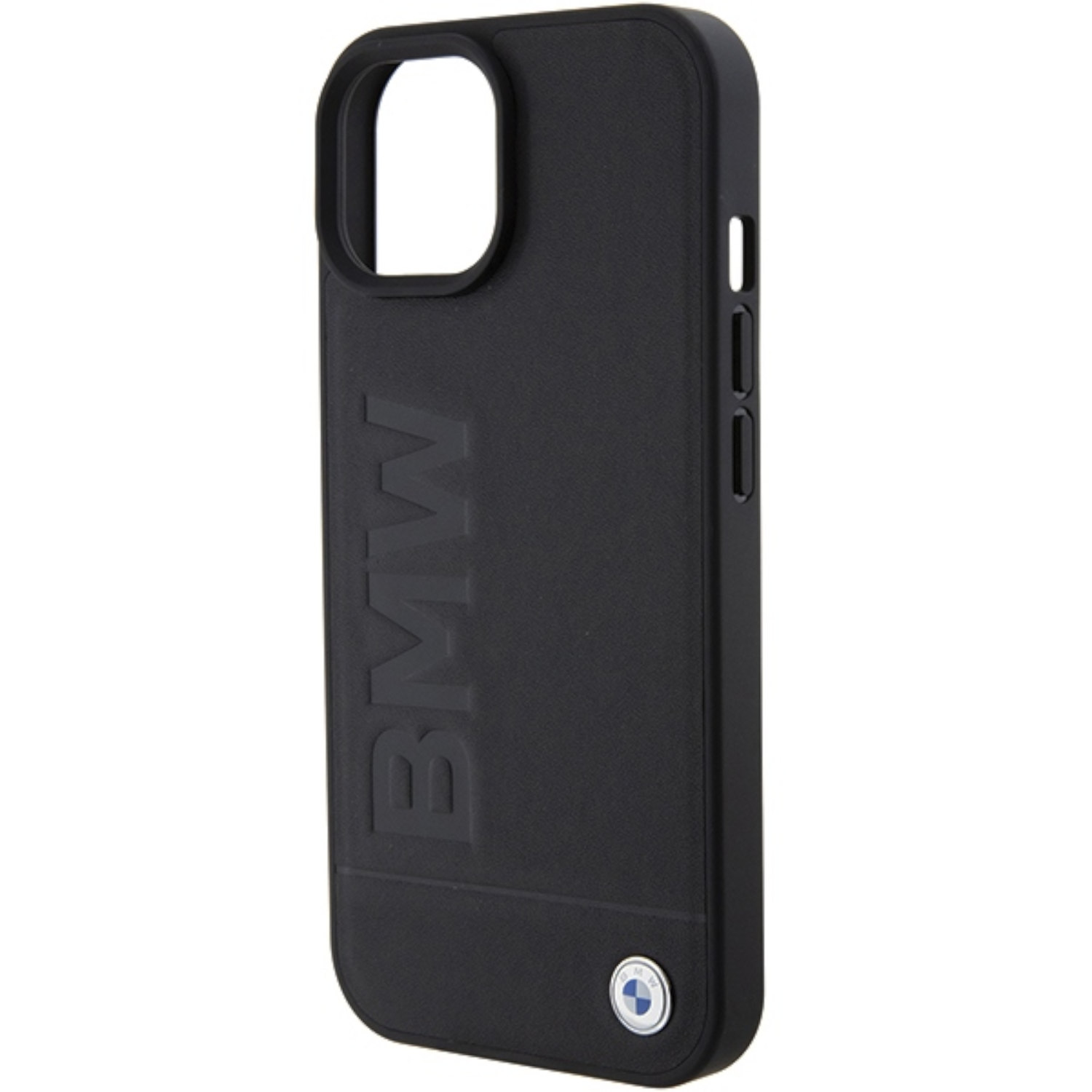 Custodia per telefono BMW nera. Il logo BMW è stampato sul retro della custodia.