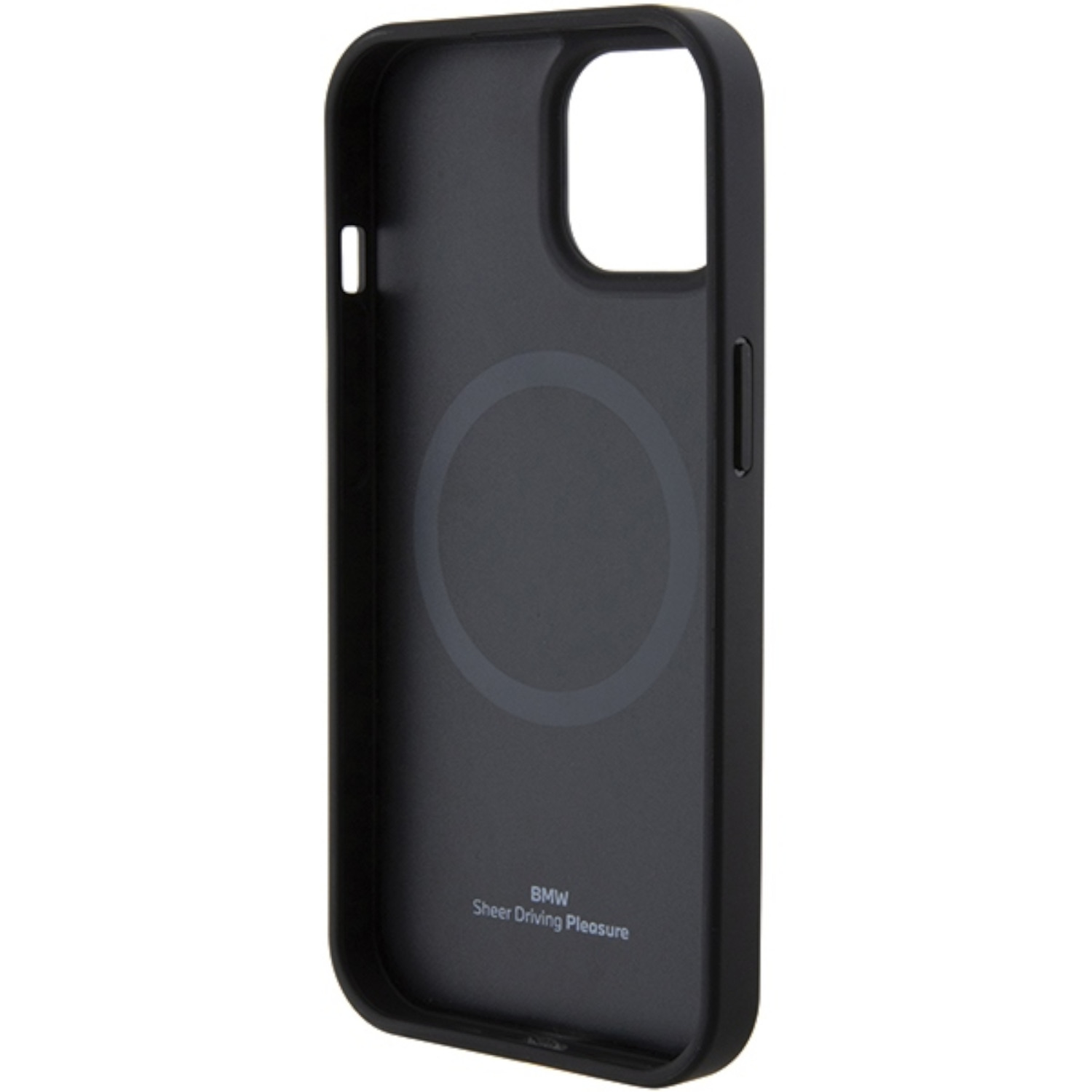 Custodia per telefono nera con logo BMW. Dispone di un anello magnetico. Sfondo bianco.