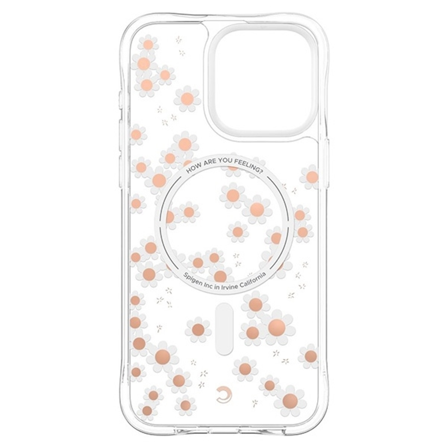 Transparente Handyhülle mit weißen und pfirsichfarbenen Blumen. Die Hülle hat einen Ring für Magsafe.