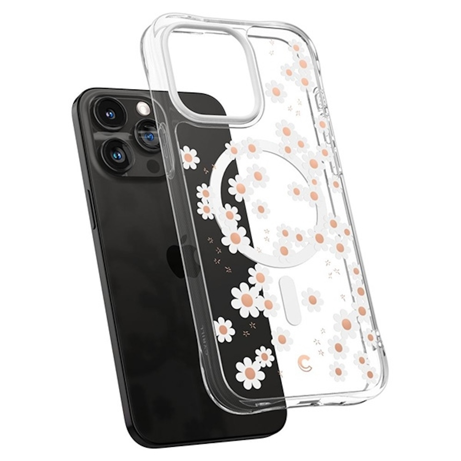 Transparente Handyhülle mit weißem Gänseblümchenmuster auf einem schwarzen iPhone. Die transparente Hülle ist auf dem Telefon.