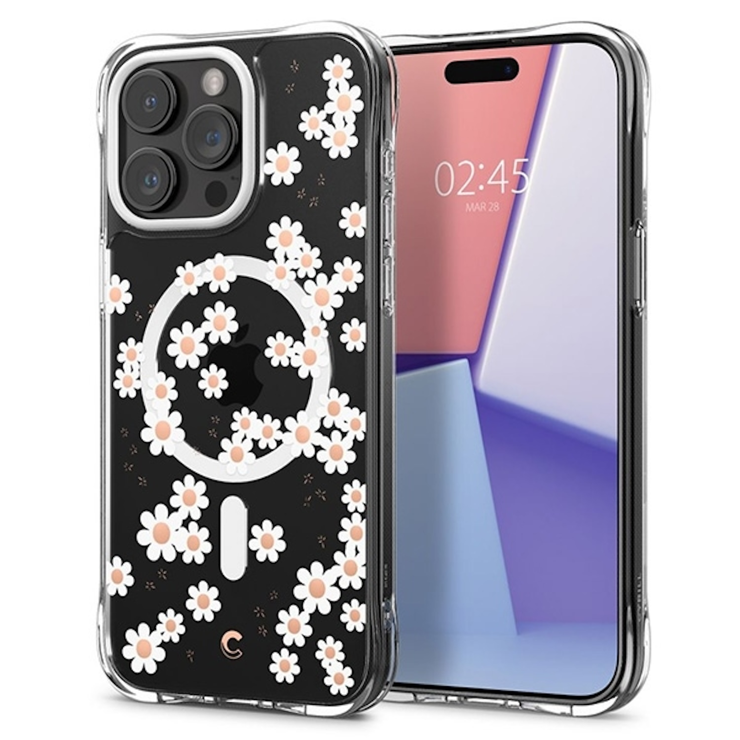 Schwarze Handyhülle mit weißen Gänseblümchen. Das Telefon ist in der Hülle, schwarzer Bildschirm.