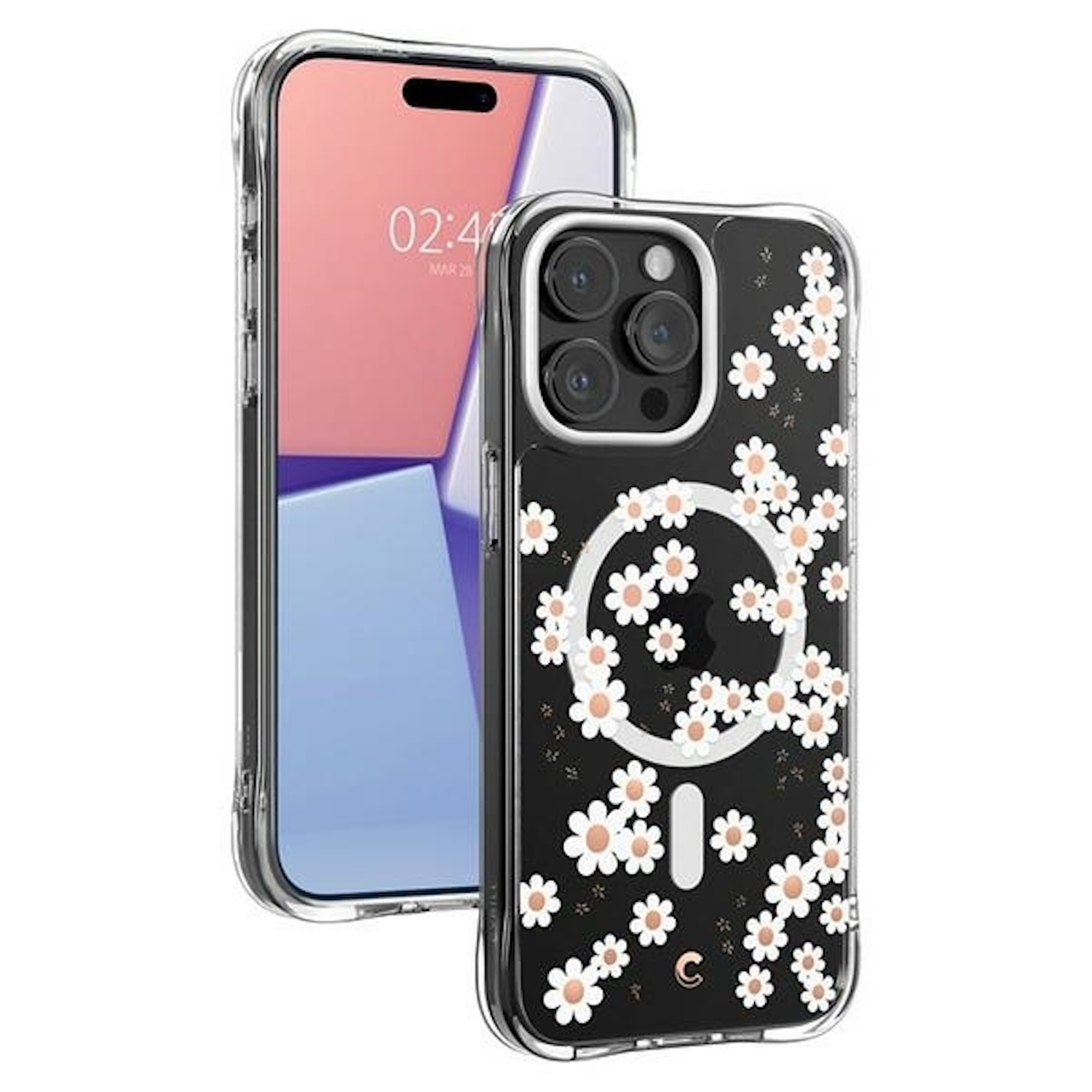 iPhone in einer transparenten Hülle mit weißem Blumenmuster und schwarzem Kameraausschnitt.