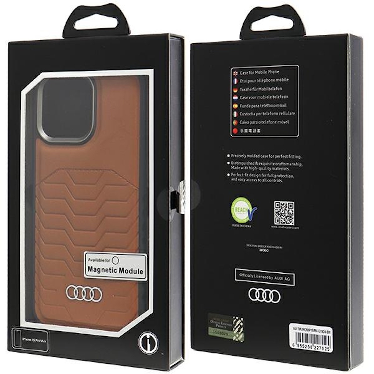 Audi-Handyhülle in einer schwarzen Box. Die Box zeigt die Hülle und hat Infos auf der Rückseite.