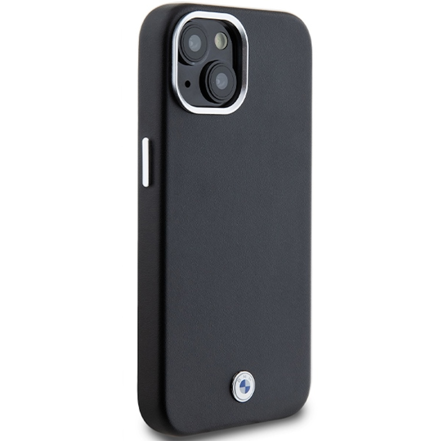 Custodia per telefono nera con logo BMW e fotocamera. Anello fotocamera argento. Sfondo bianco.