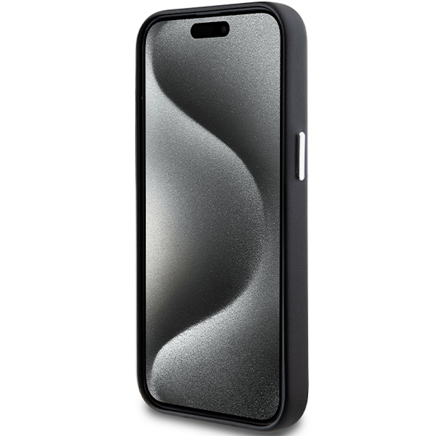Una custodia per telefono nera con un display a schermo curvo. Cornice nera e pulsante laterale bianco.