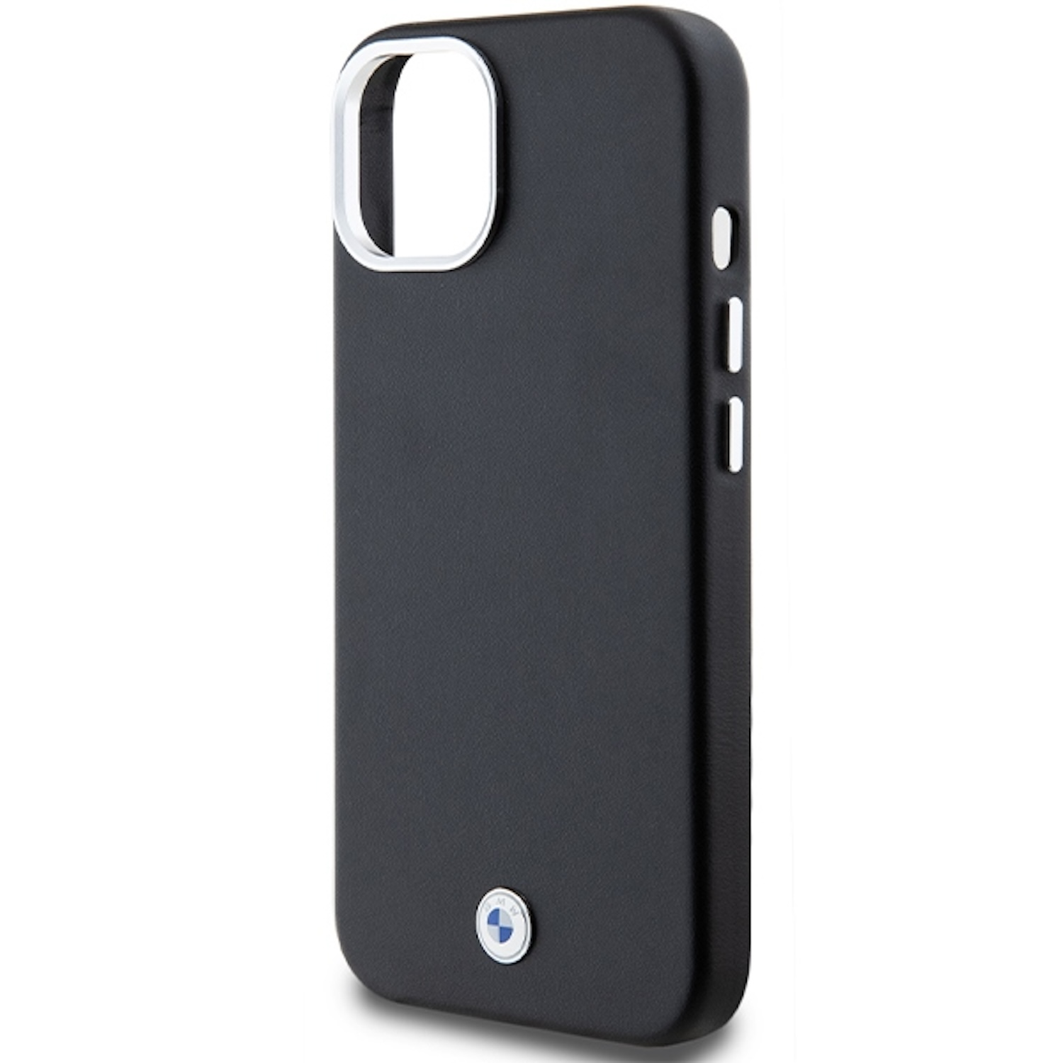 Custodia per telefono nera con logo BMW, anello fotocamera argentato. Sfondo bianco.
