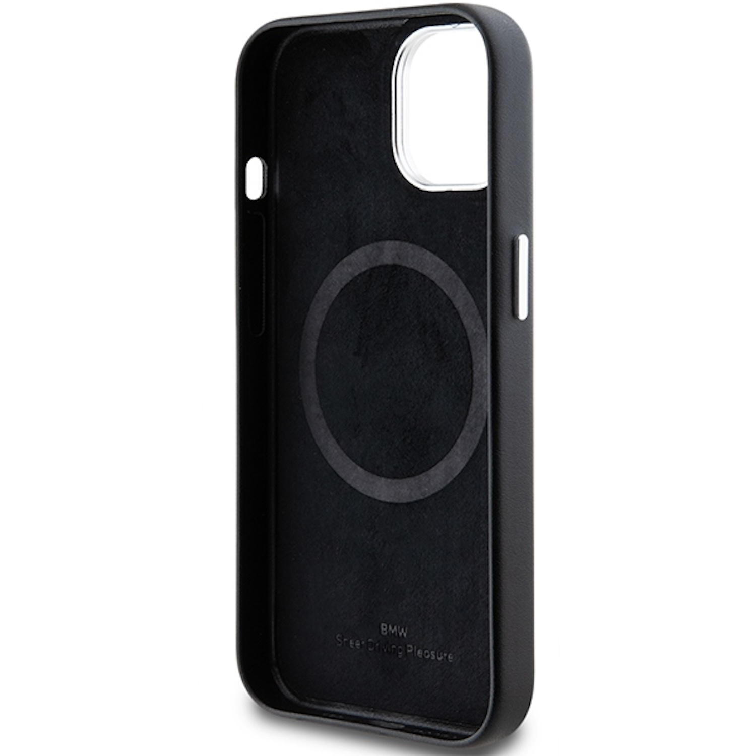Interno della custodia nera. Anello MagSafe. Testo BMW Street Driving Pleasure.