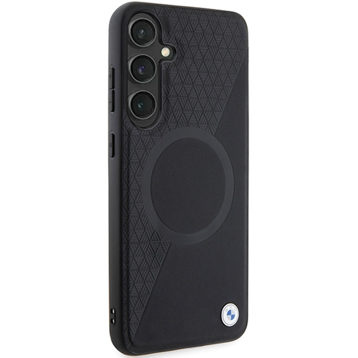 Custodia per telefono nera con logo BMW e fotocamera. Design a fantasia. Sfondo bianco.