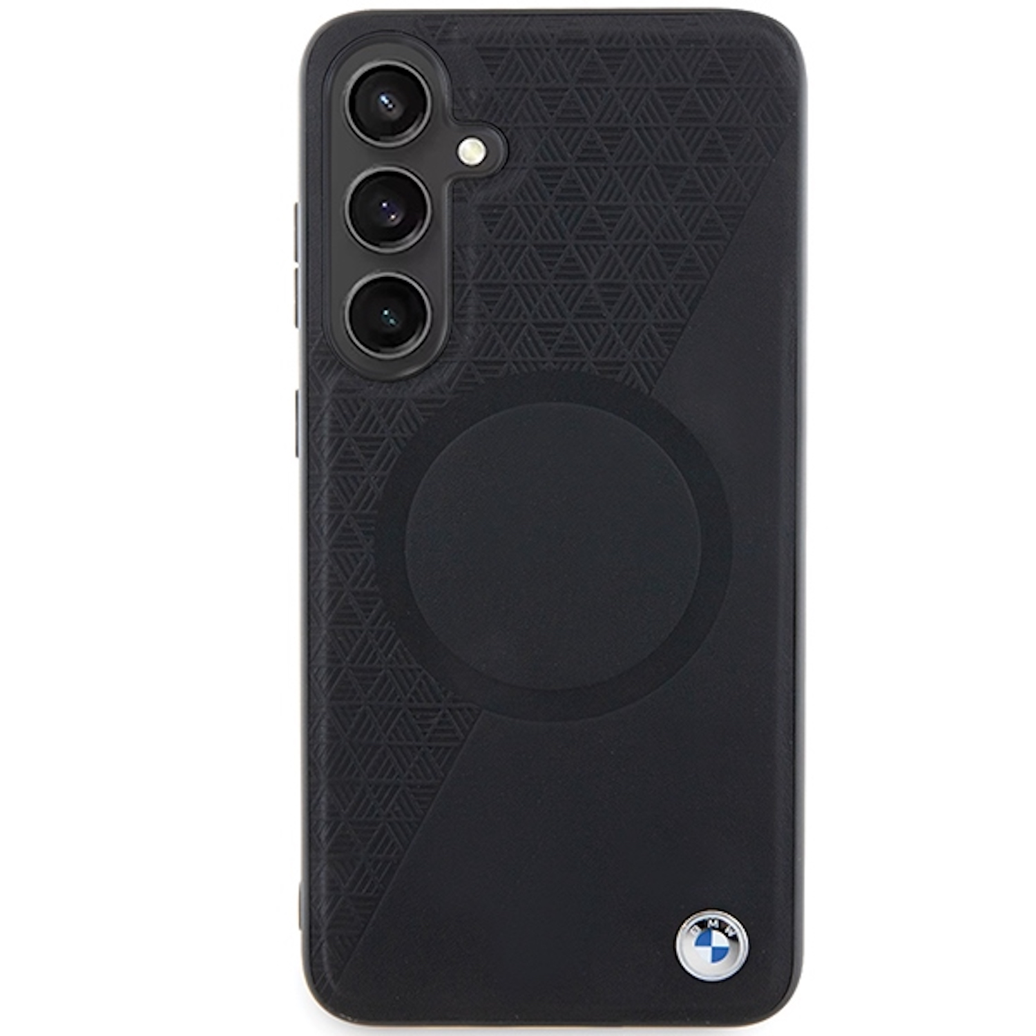 Custodia nera con motivo geometrico e logo BMW. Tre fotocamere e attacco magnetico circolare.