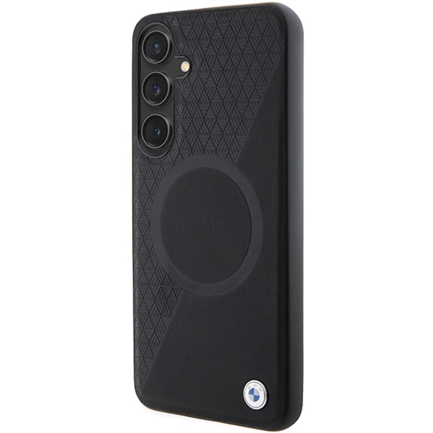 Custodia nera per telefono con motivo geometrico e anello magnetico.