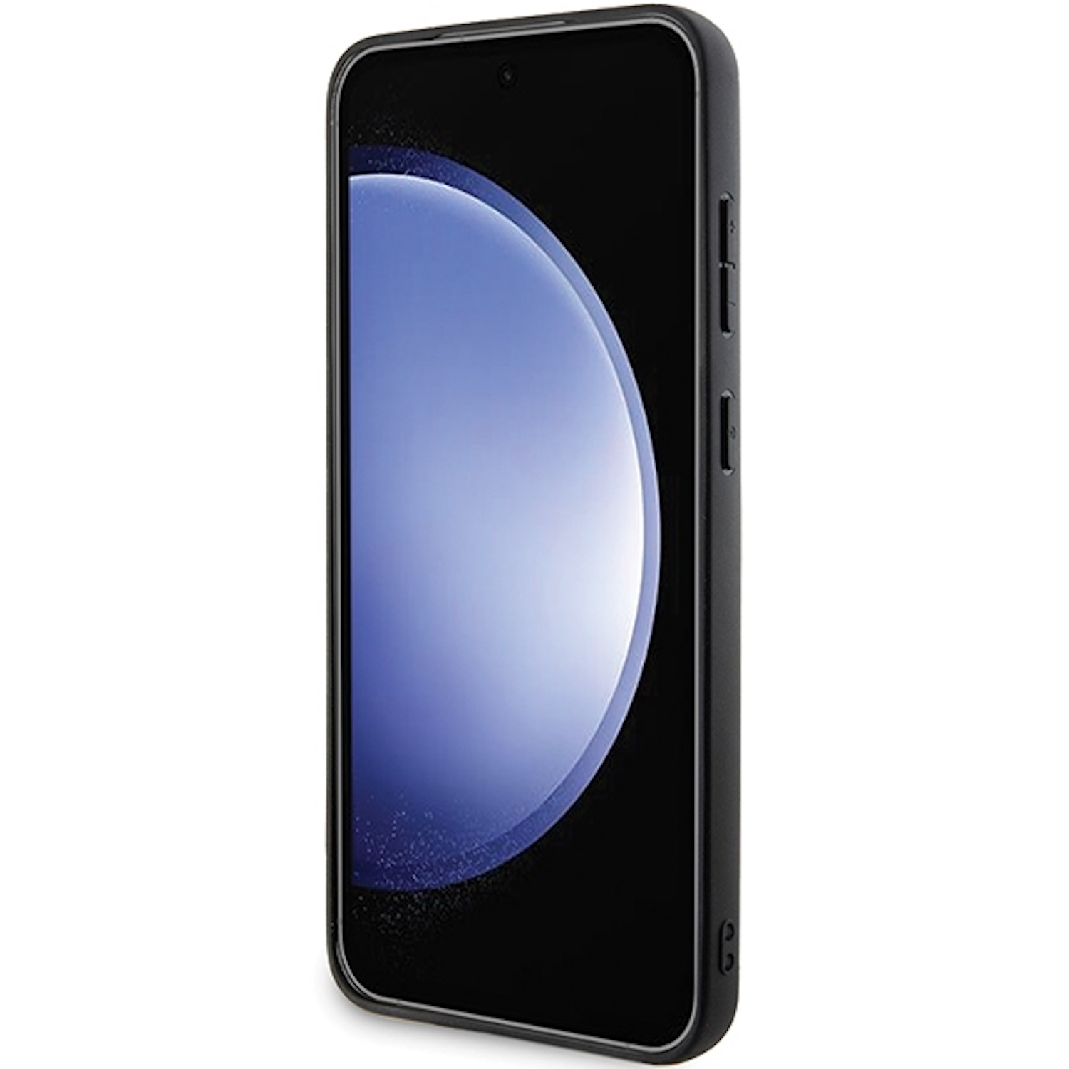 Custodia per telefono nera con schermo nero. La custodia ha una fotocamera e i pulsanti del volume.