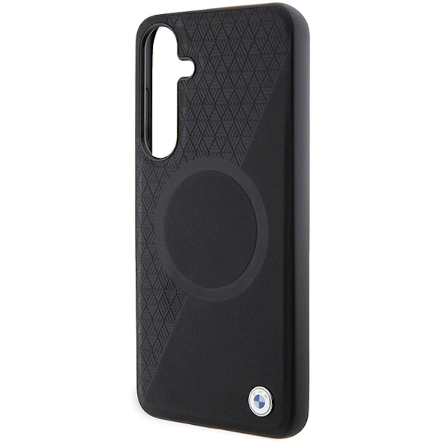 Custodia nera per telefono con motivo geometrico. Ha un logo BMW e un design circolare per l'attacco magnetico.