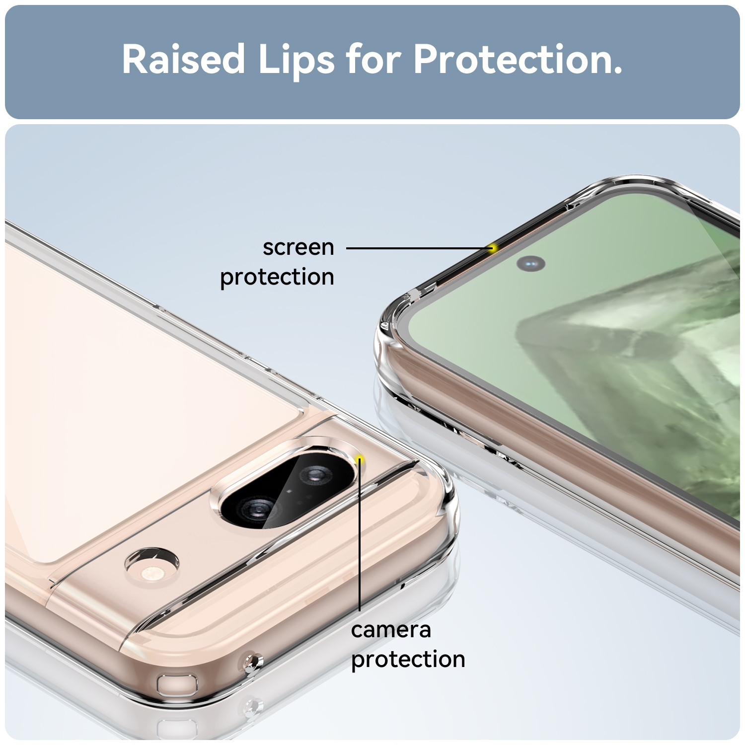 Eine transparente Handyhülle mit erhöhten Rändern zum Schutz von Bildschirm und Kamera. Das Telefon ist sichtbar.