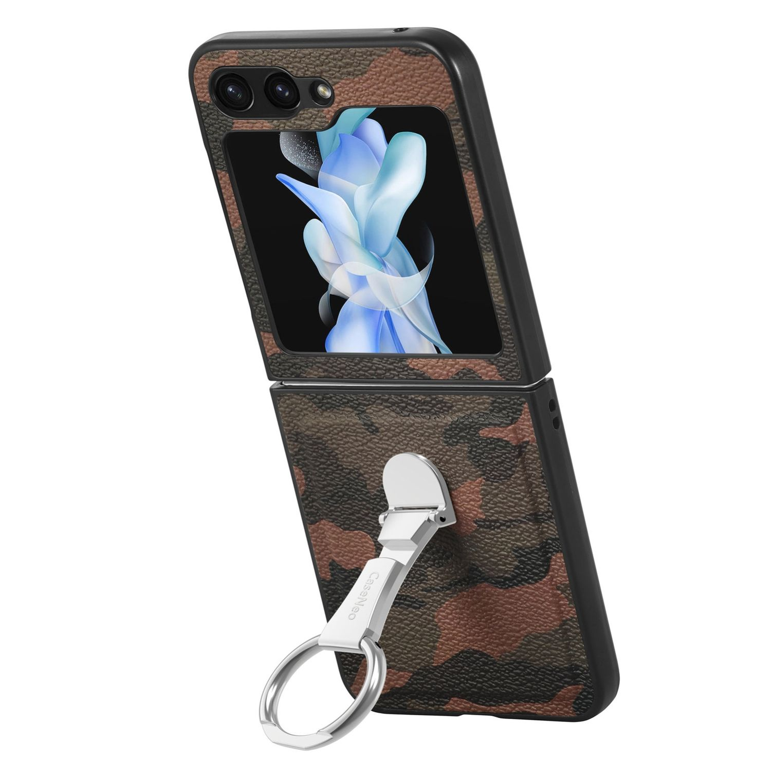 Eine Handyhülle für ein faltbares Telefon. Es hat ein braunes Tarnmuster und einen silbernen Ringhalter.